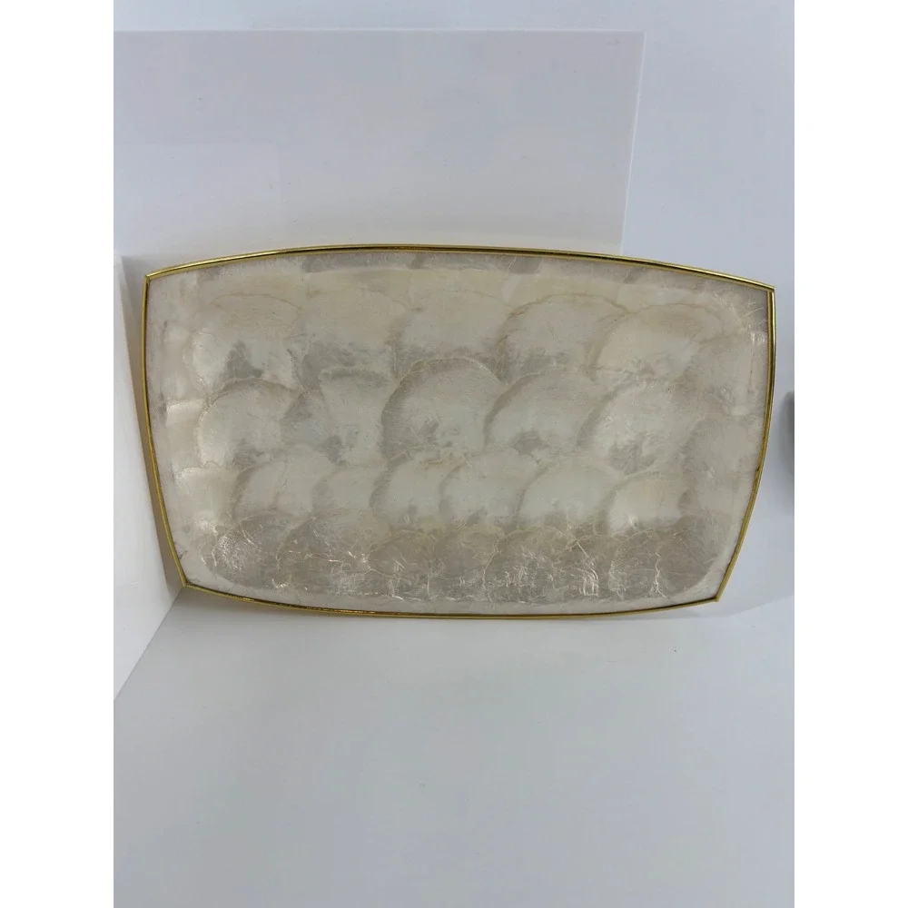 Vintage Capiz Shell Tray Set Gold Rim Iridescent Fruit Embossed 2 Piece‎
